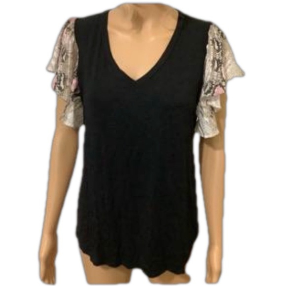 Arielle Black Blouse with Flutter Sleeves Pink and Snakeskin Pattern
